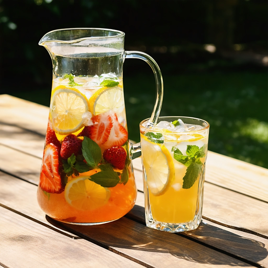 Une carafe et un verre d'eau infusée avec des fruits frais comme des fraises et des tranches de citron, garnis de feuilles de menthe et de basilic, placés sur une table en bois rustique et éclairés par une douce lumière naturelle.