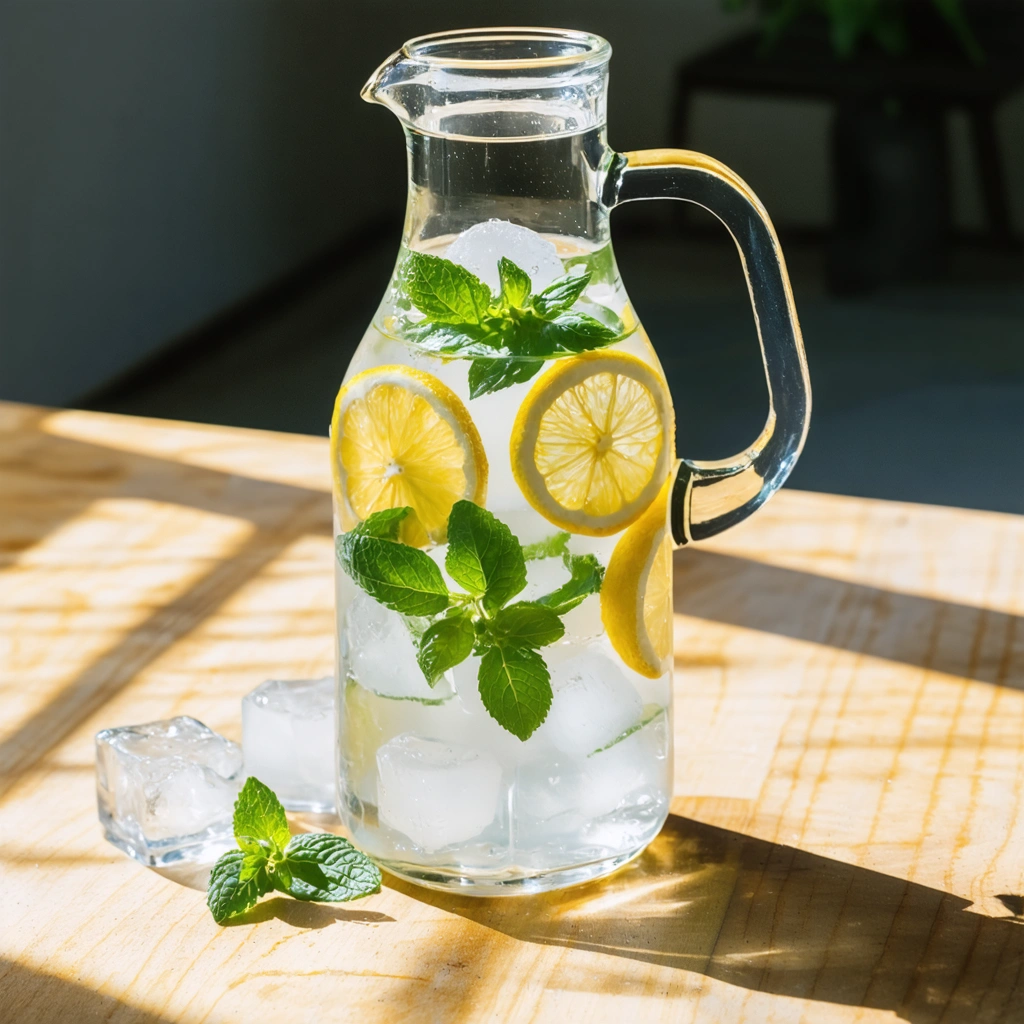 Carafe d'eau infusée avec des tranches de citron et de la menthe, posée sur une table en bois.