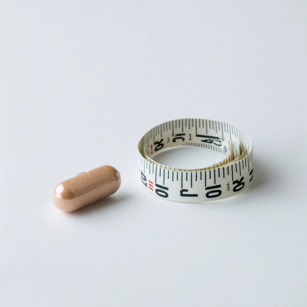 Un comprimé d'Epitomax à côté d'un ruban à mesurer, symbolisant ses effets sur la perte de poids.