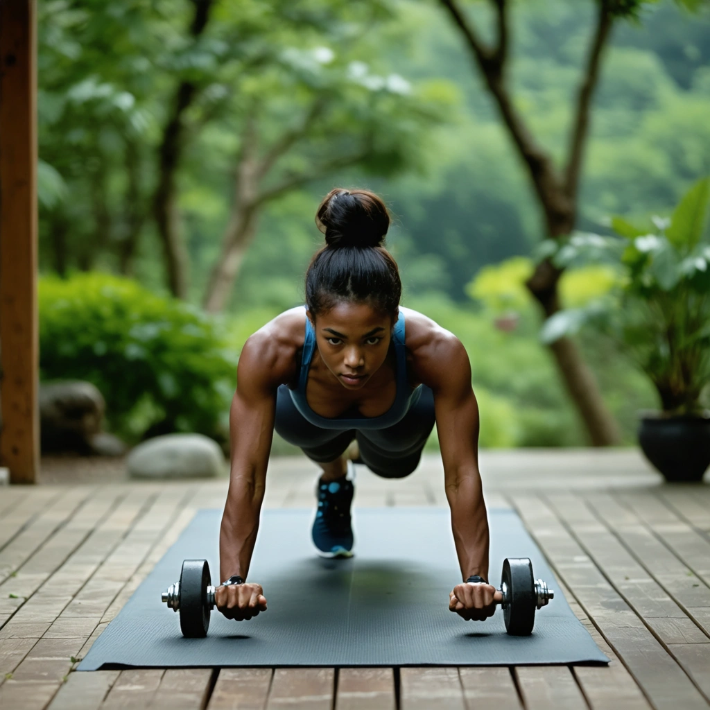 Une personne faisant des exercices de musculation en plein air dans un environnement apaisant, reflétant équilibre et bien-être.
