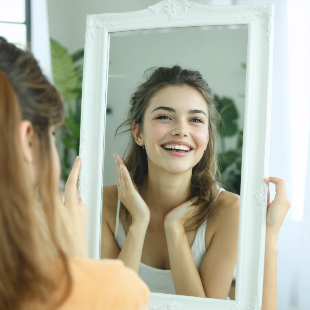 Femme souriante pratiquant un exercice facial devant un miroir dans une pièce lumineuse.