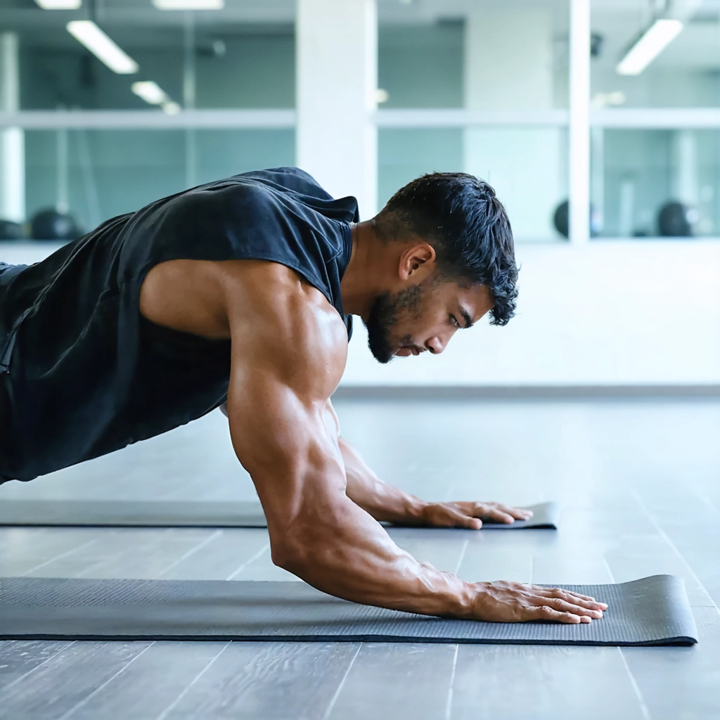 Une personne faisant des pompes dans une salle de sport moderne, avec une position droite et des muscles bien engagés.