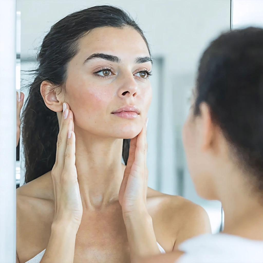 Une femme pratiquant un exercice facial pour réduire son double menton devant un miroir.