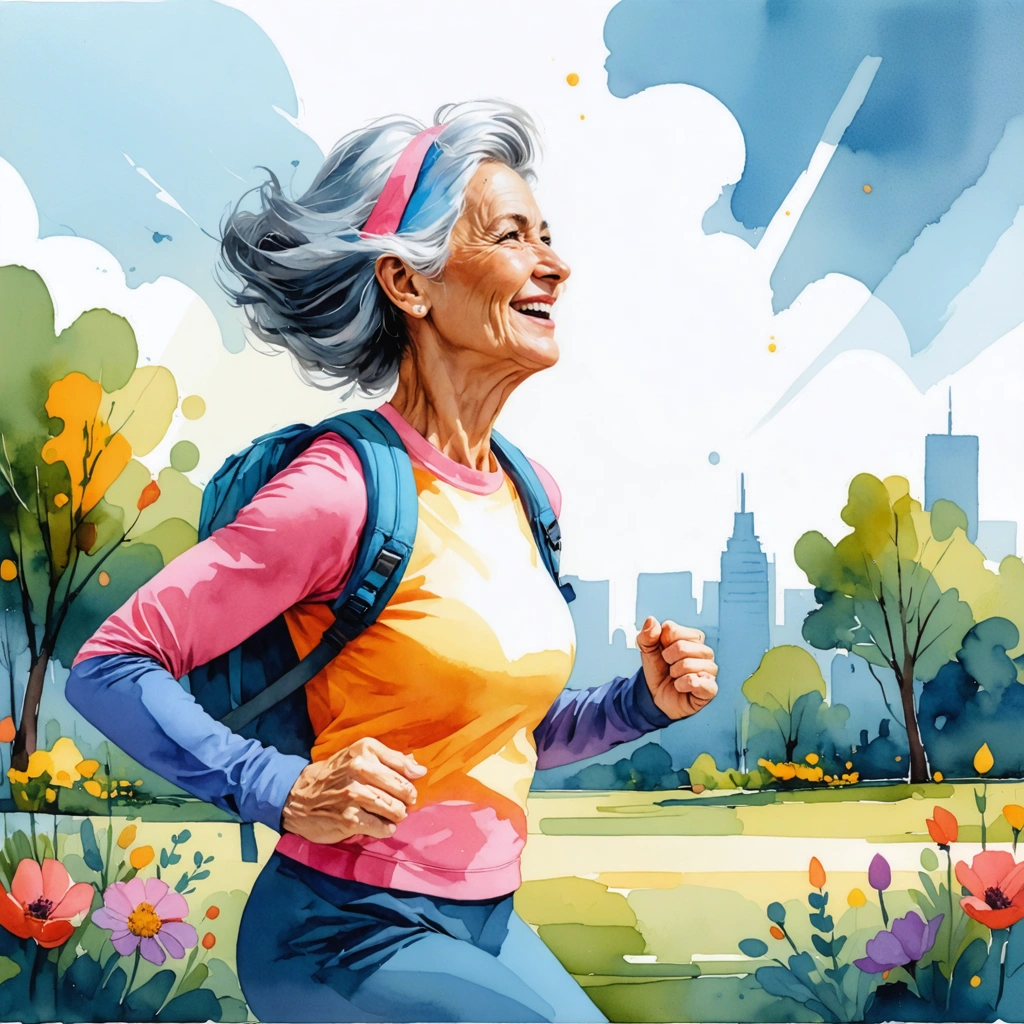 Une femme sportive et confiante, faisant de l'exercice en plein air, entourée de verdure et fleurs, représentant santé et bien-être.