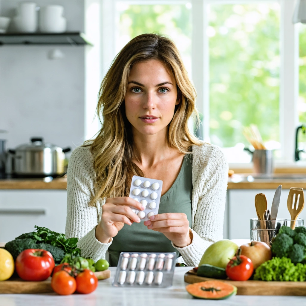 Une femme assise à une table, entourée de fruits et légumes, tenant une plaquette de pilule contraceptive avec un air déterminé