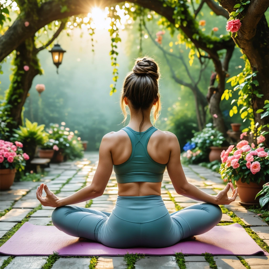 Femme pratiquant le yoga dans un jardin paisible, symbolisant la gestion de la fibromyalgie et la perte de poids.