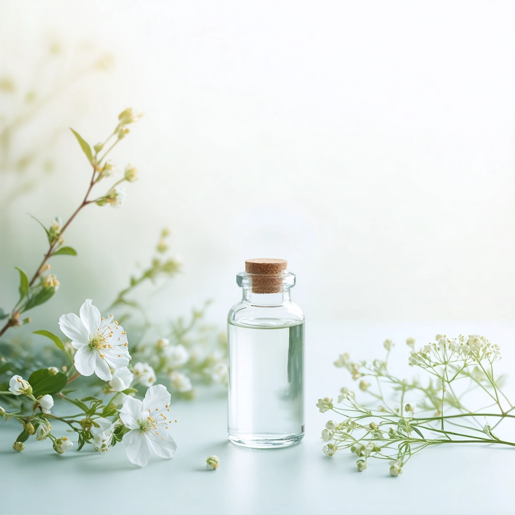 Une petite fiole en verre contenant un liquide clair avec un extrait floral, posée sur un fond apaisant et naturel avec des fleurs discrètes.