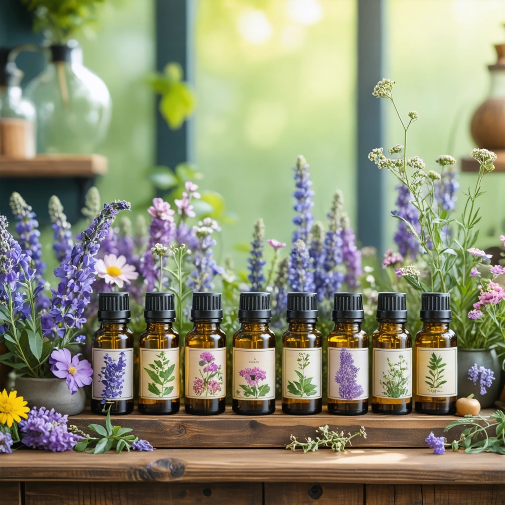 Un comptoir d'apothicaire avec des flacons d'essences florales, dédiés à la minceur et à l'équilibre émotionnel.