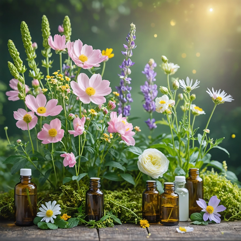 Un arrangement serein de fleurs utilisées dans les élixirs de Bach, présenté dans un cadre naturel avec des couleurs apaisantes comme le rose, le blanc et le jaune, sur un fond flou de verdure.