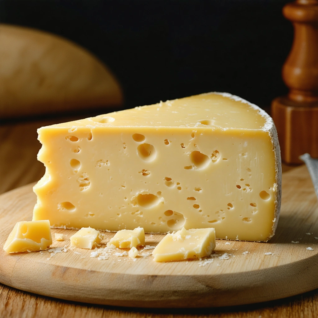 Un morceau de comté affiné 12 mois posé sur une planche en bois rustique, avec des miettes de fromage autour, le tout dans une ambiance chaleureuse et invitante.