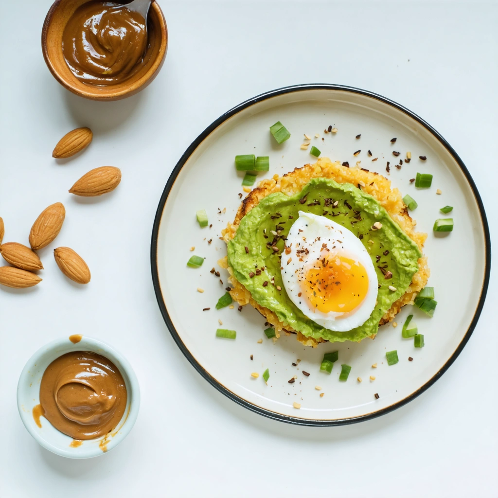 Des galettes croustillantes de riz ou de maïs garnies de purée d'avocat et d'un œuf poché, accompagnées de bols de purée d'amandes et de beurre de cacahuète sur une table moderne, le tout dans une ambiance lumineuse et appétissante.