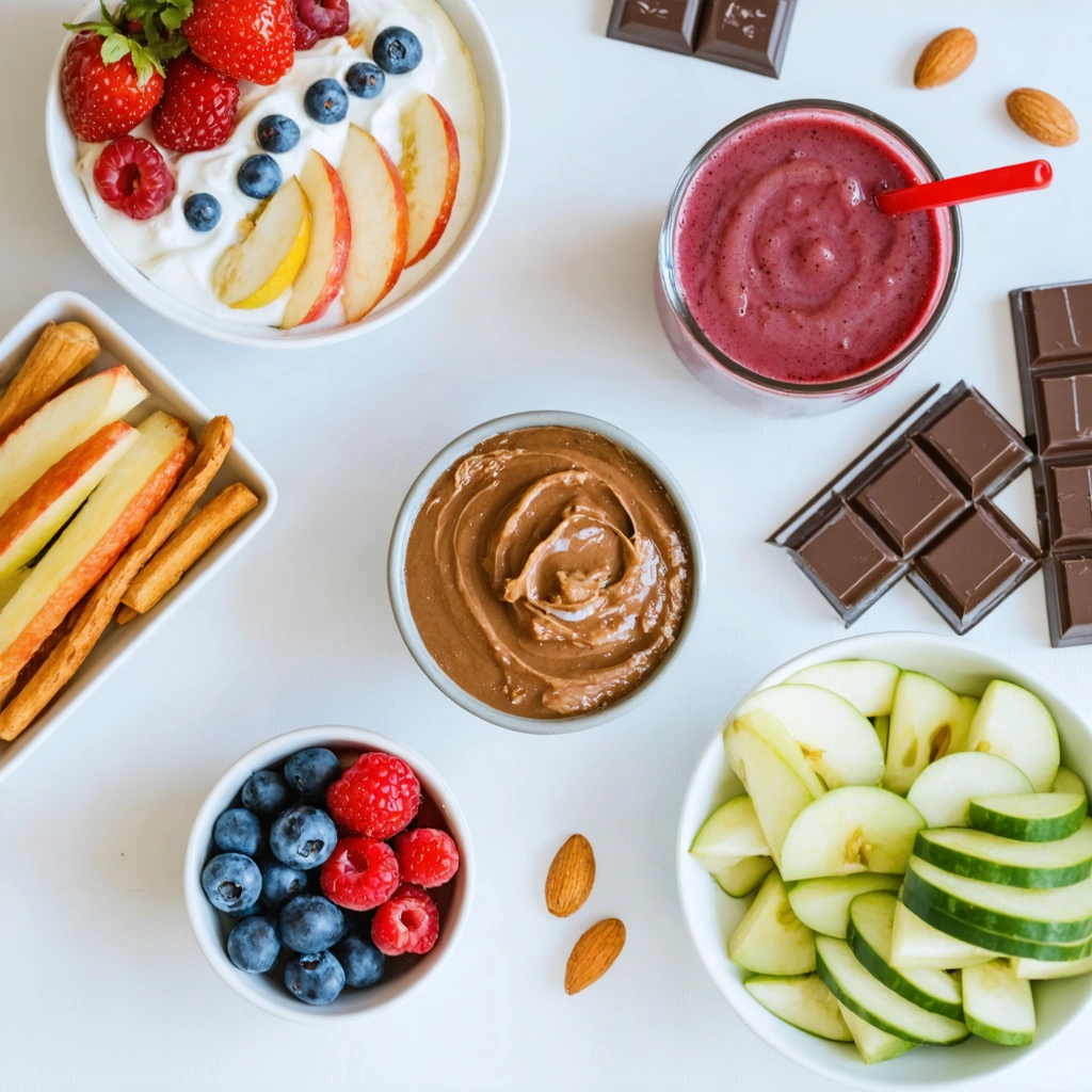 Table avec des en-cas sains comme yaourt aux fruits rouges, amandes, pommes avec beurre de cacahuète, smoothies colorés, bâtonnets de légumes avec houmous et carrés de chocolat noir.