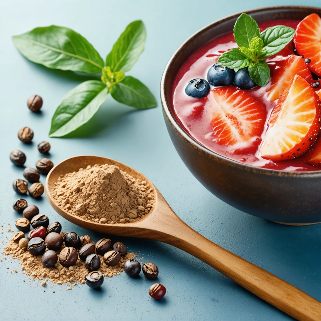 Graine de guarana et poudre à côté d'un smoothie avec des fruits frais