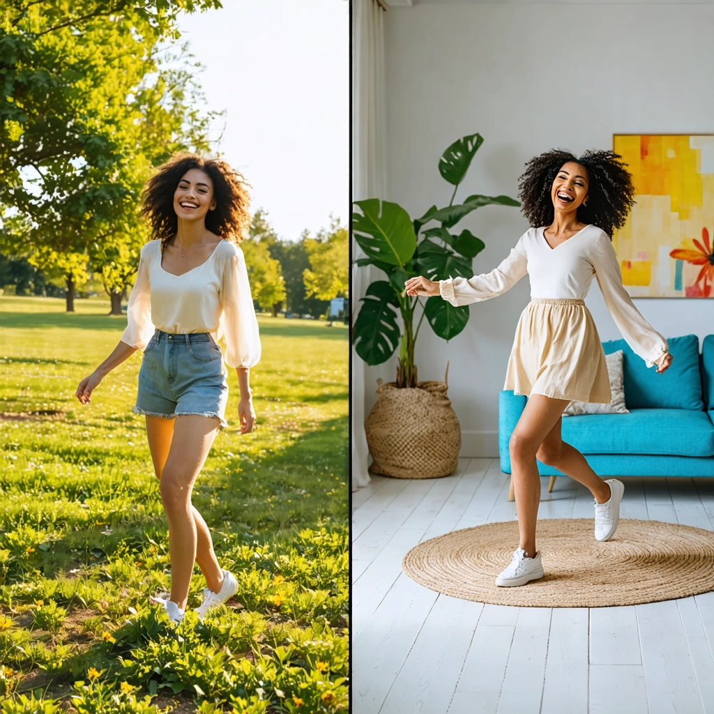 Une femme marchant joyeusement dans un parc sous le soleil et une autre scène d'elle dansant avec entrain dans son salon décoré avec des couleurs vives.