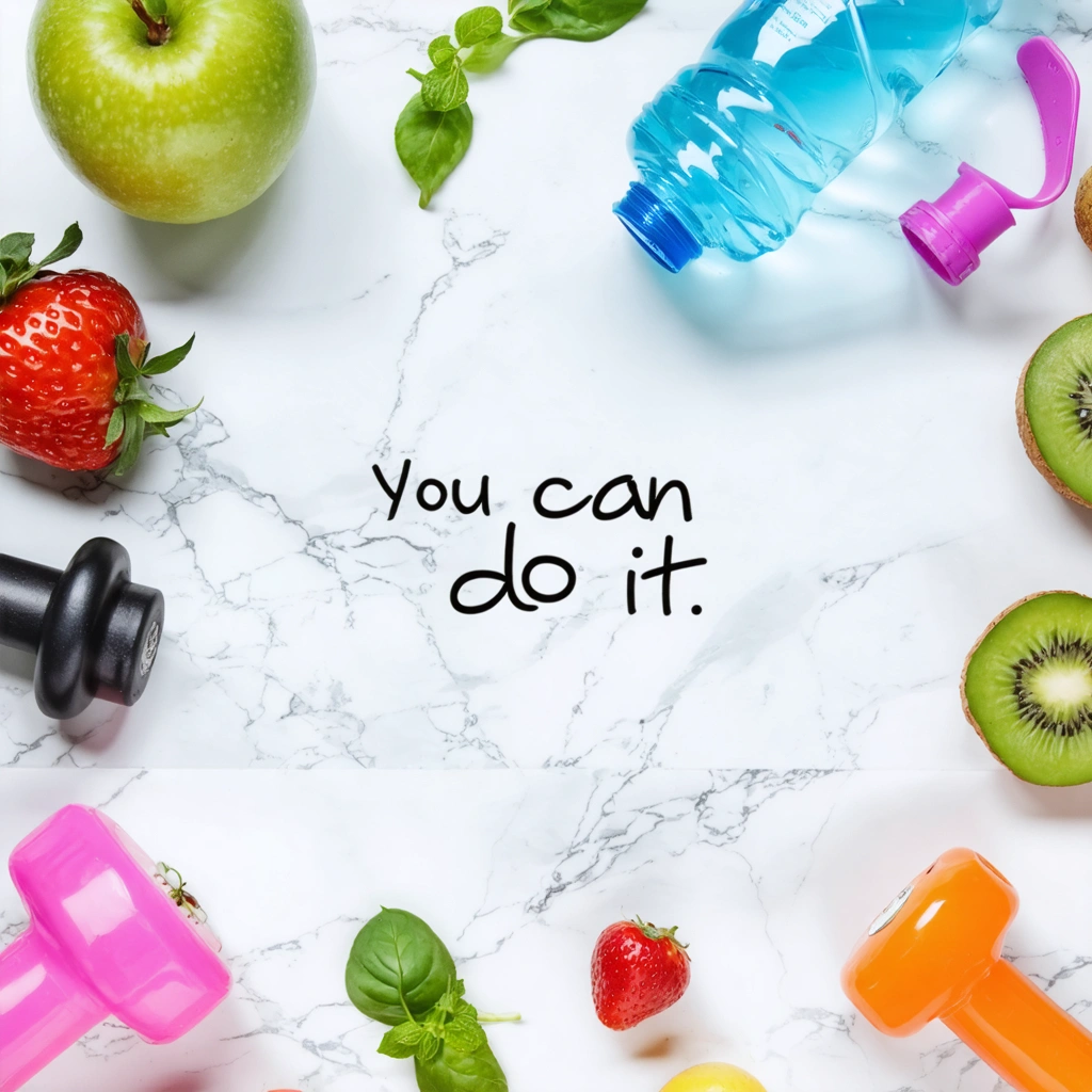 Vue éclatée d'aliments sains, bouteille d'eau et équipement sportif pour une vie équilibrée.
