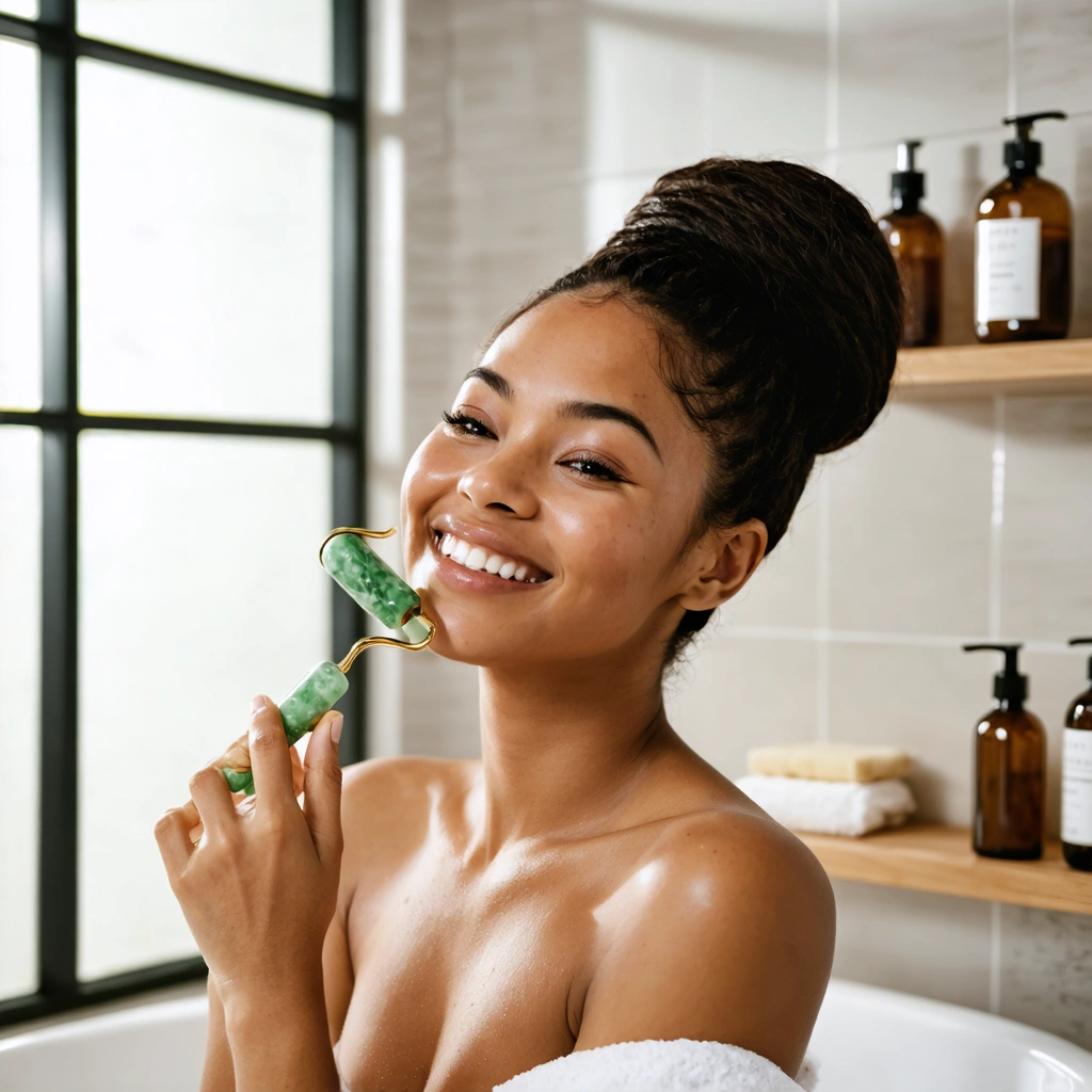 Une femme utilisant un rouleau de jade pour masser son visage, dans une salle de bain lumineuse et chaleureuse.