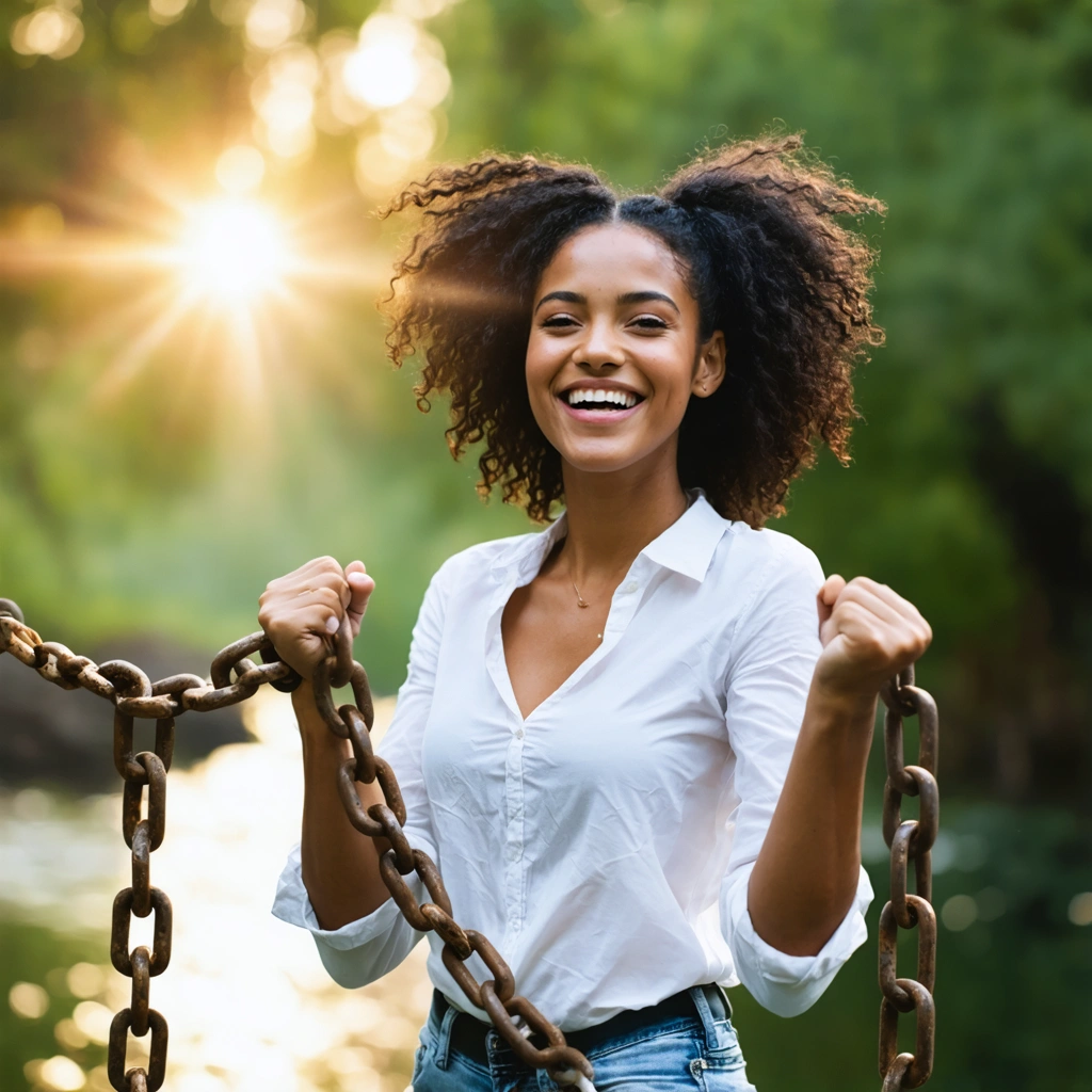 Une femme souriante brisant des chaînes symbolisant des verrous psychologiques, dans un décor apaisant.
