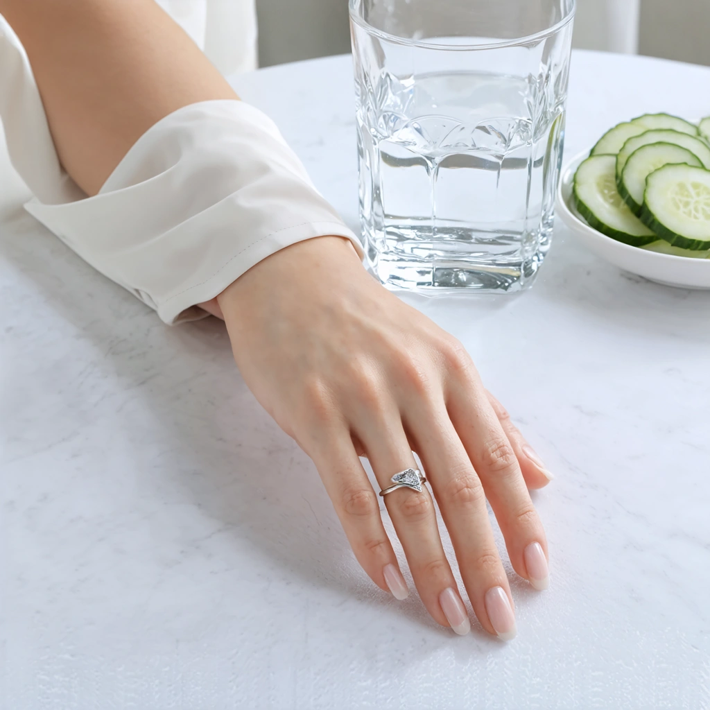 Gros plan sur des mains fines et élégantes, posées près d'un verre d'eau et de concombre, symbolisant des doigts affinés grâce à des astuces naturelles.