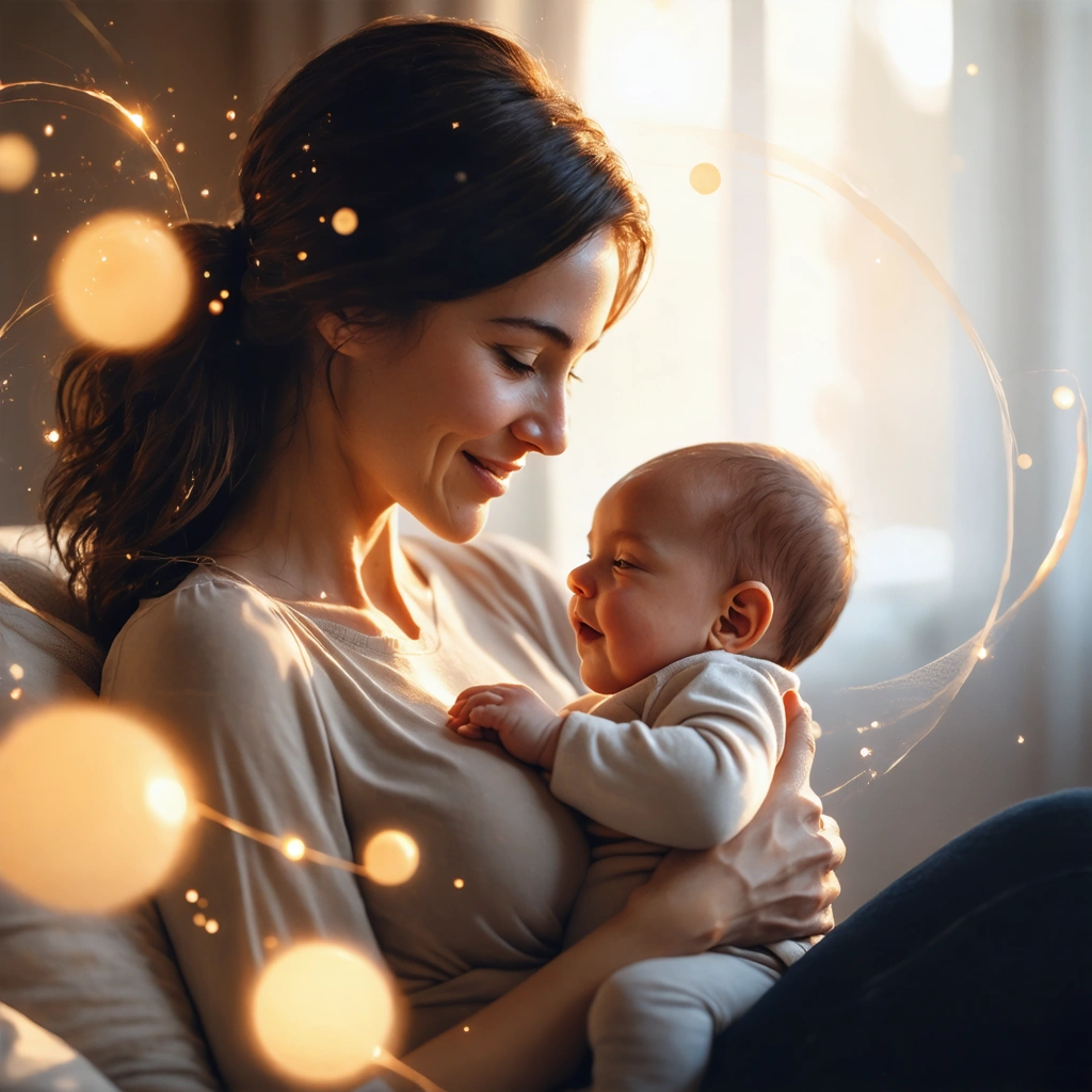 Une mère allaitant son bébé dans un cadre chaleureux avec une lumière douce, avec une subtile représentation visuelle des hormones agissant autour d'elle.