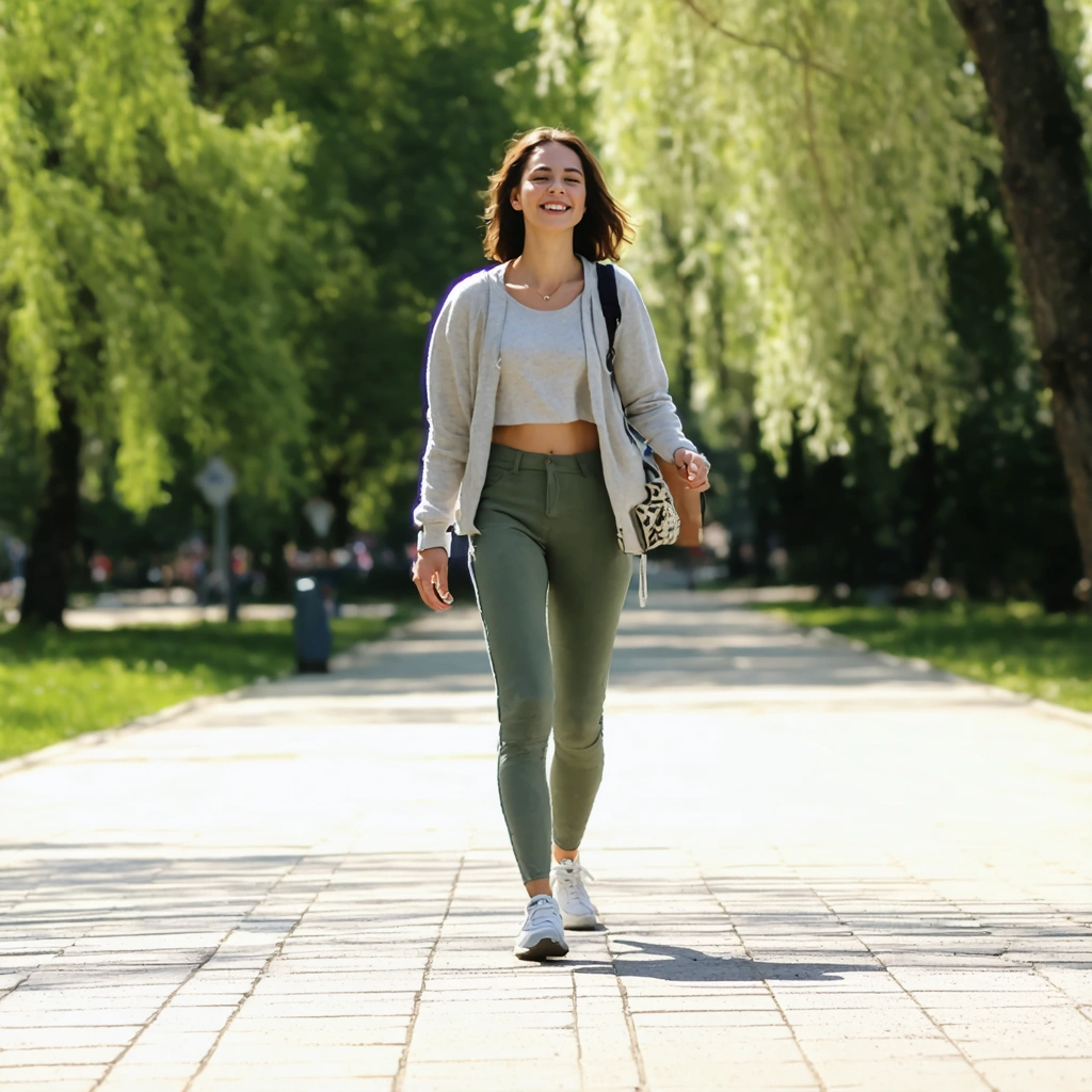 Une personne marchant dans un parc ensoleillé, chaussée de chaussures confortables, entourée de nature.