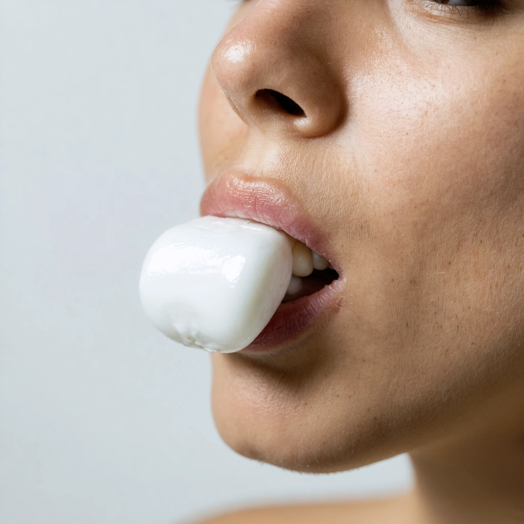 Gros plan sur une personne mâchant du chewing-gum, mettant en avant les mouvements de la mâchoire et des joues.