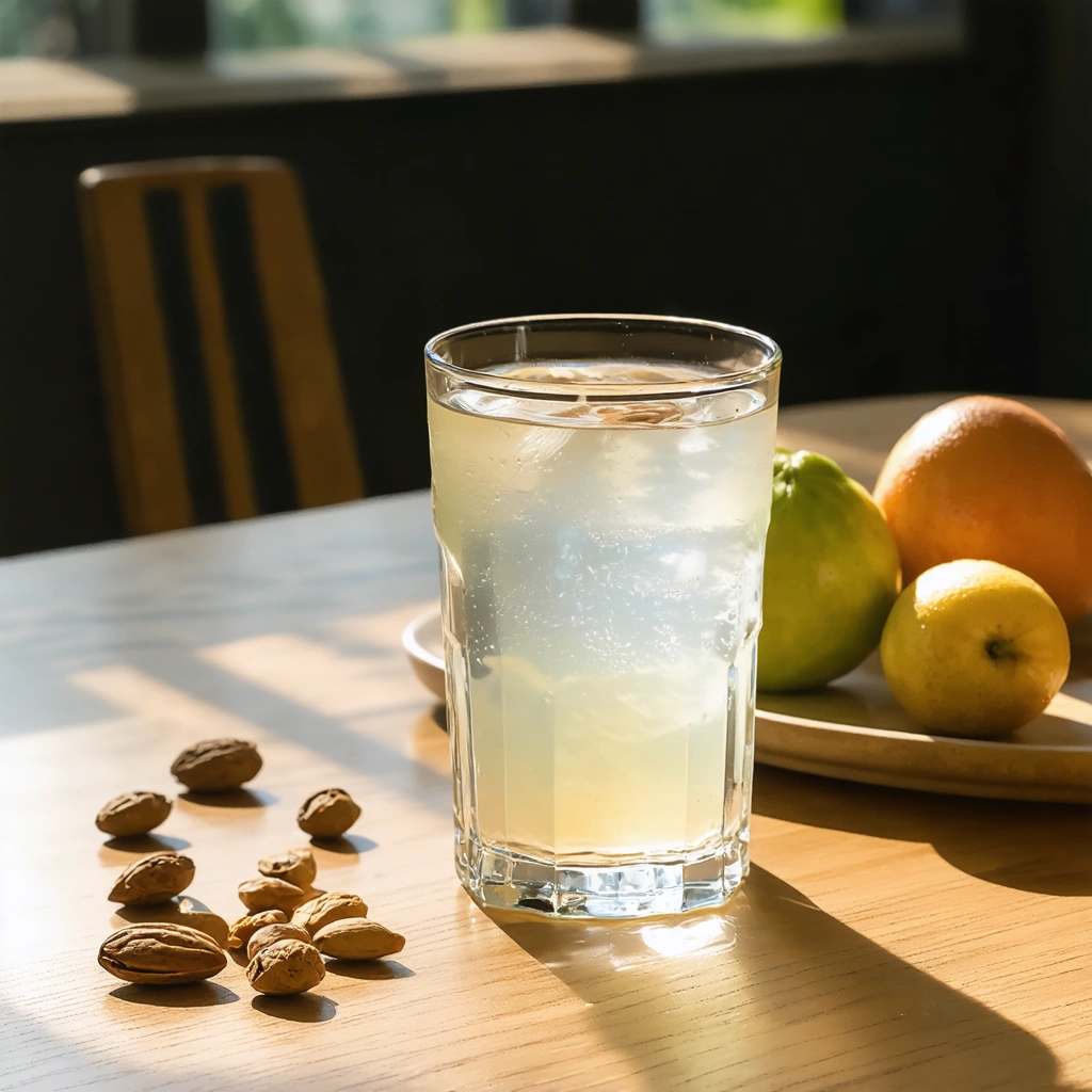 Un verre d'eau mélangé avec du psyllium posé sur une table de petit-déjeuner en bois, entouré de fruits et de noix avec une lumière douce du matin.