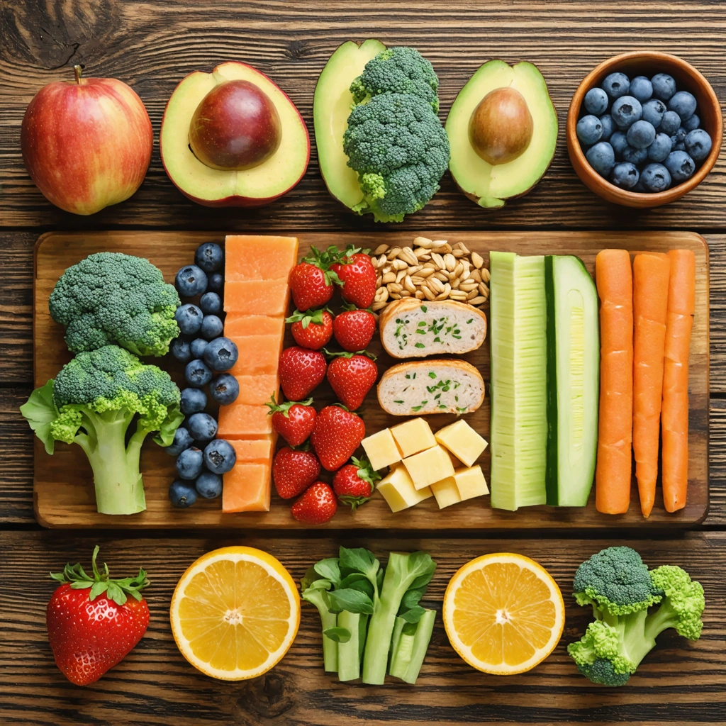 Un exemple de repas équilibré à 1500 calories par jour avec des fruits, légumes, protéines maigres et féculents sur une table en bois.