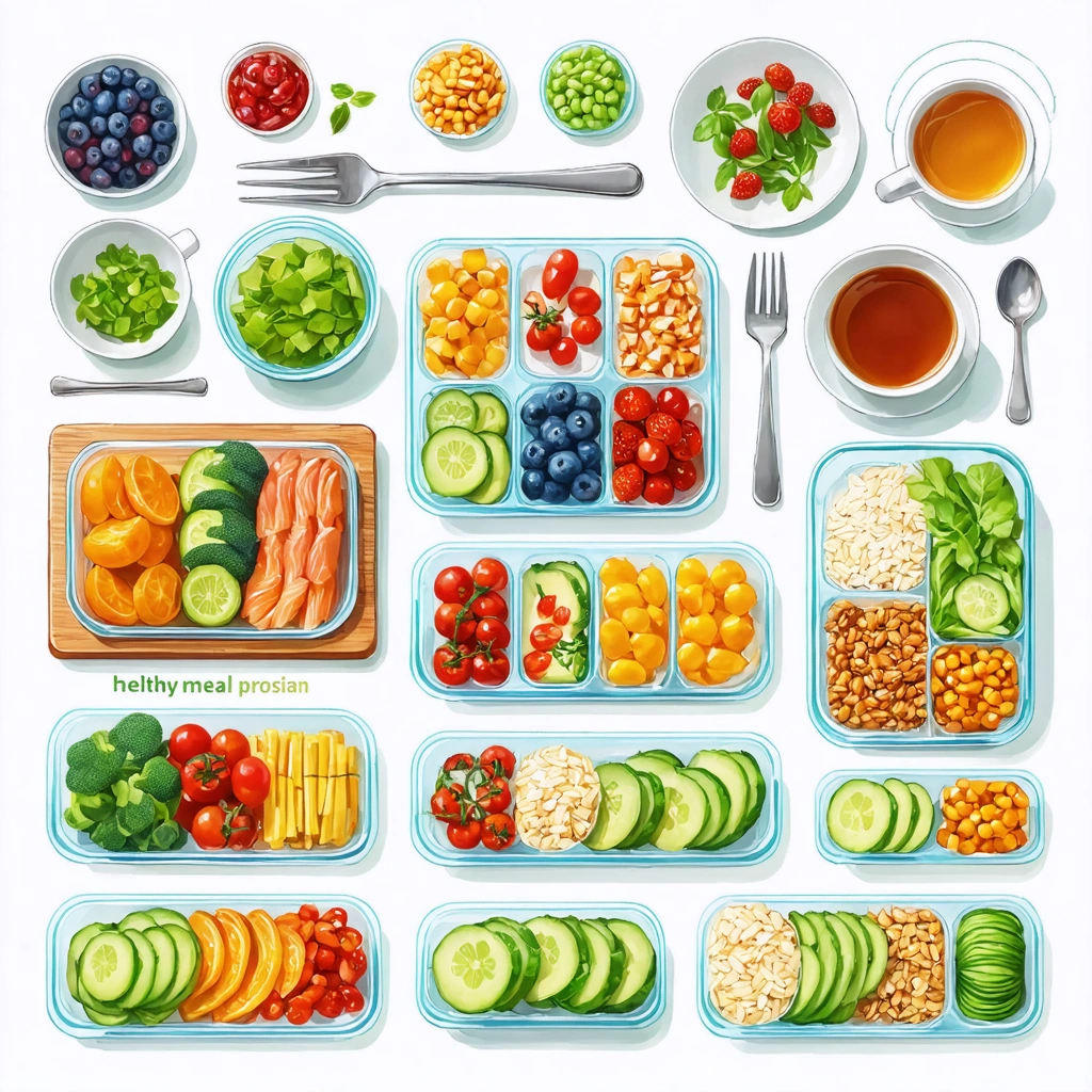 Illustration d'un menu équilibré pour un régime adapté à la cortisone avec des légumes, céréales et protéines.