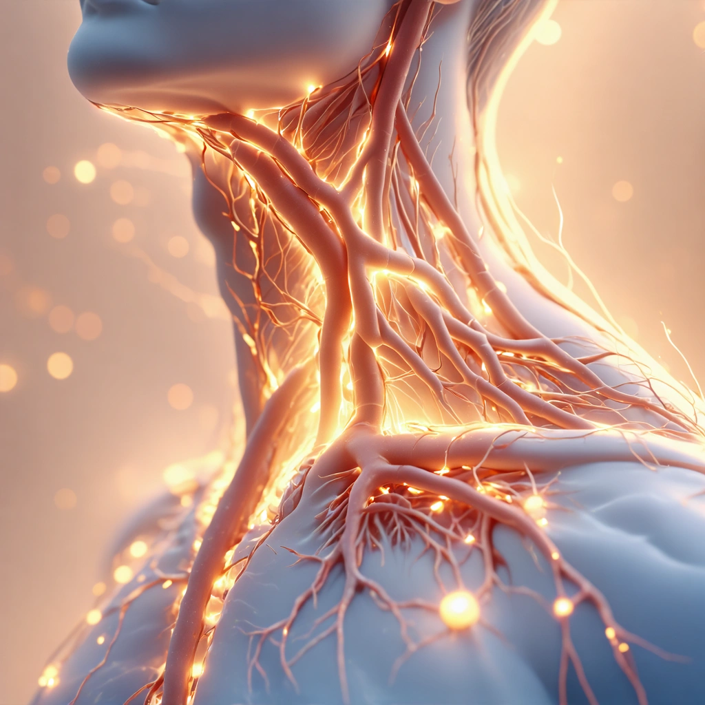 Illustration artistique d'une glande thyroïde humaine entourée de connexions symboliques représentant le métabolisme et l'équilibre hormonal, avec des tons doux et chaleureux.