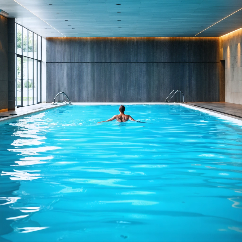 Une personne nageant tranquillement dans une piscine intérieure, avec une eau calme et un éclairage doux, illustrant une ambiance apaisante et propice à une bonne routine de natation.
