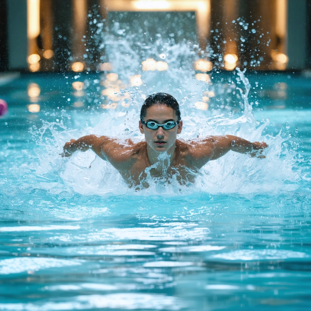 Un nageur en mouvement dans une piscine, capturant la silhouette et les éclats d'eau