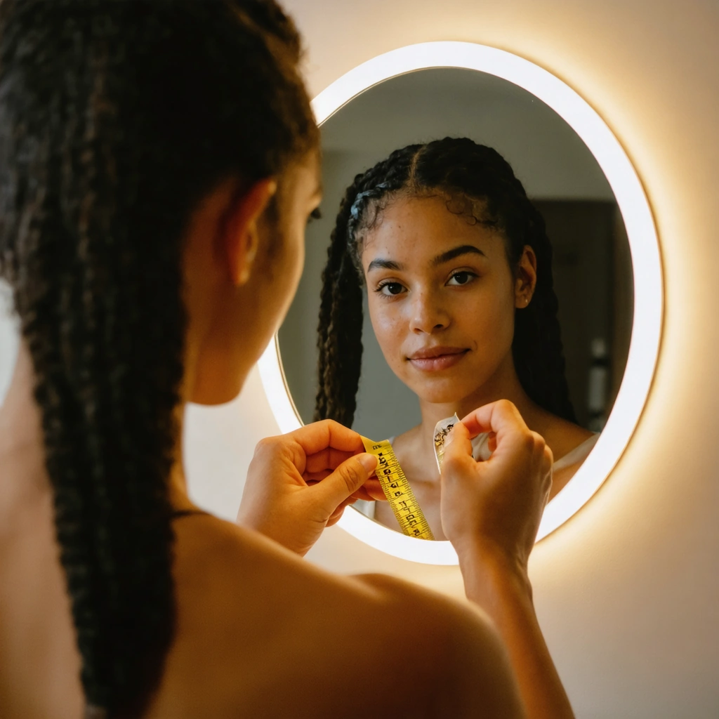 Une personne face à un miroir, tenant un mètre ruban, entourée d'un environnement chaleureux et apaisant, exprimant une approche réaliste et motivante envers ses objectifs.