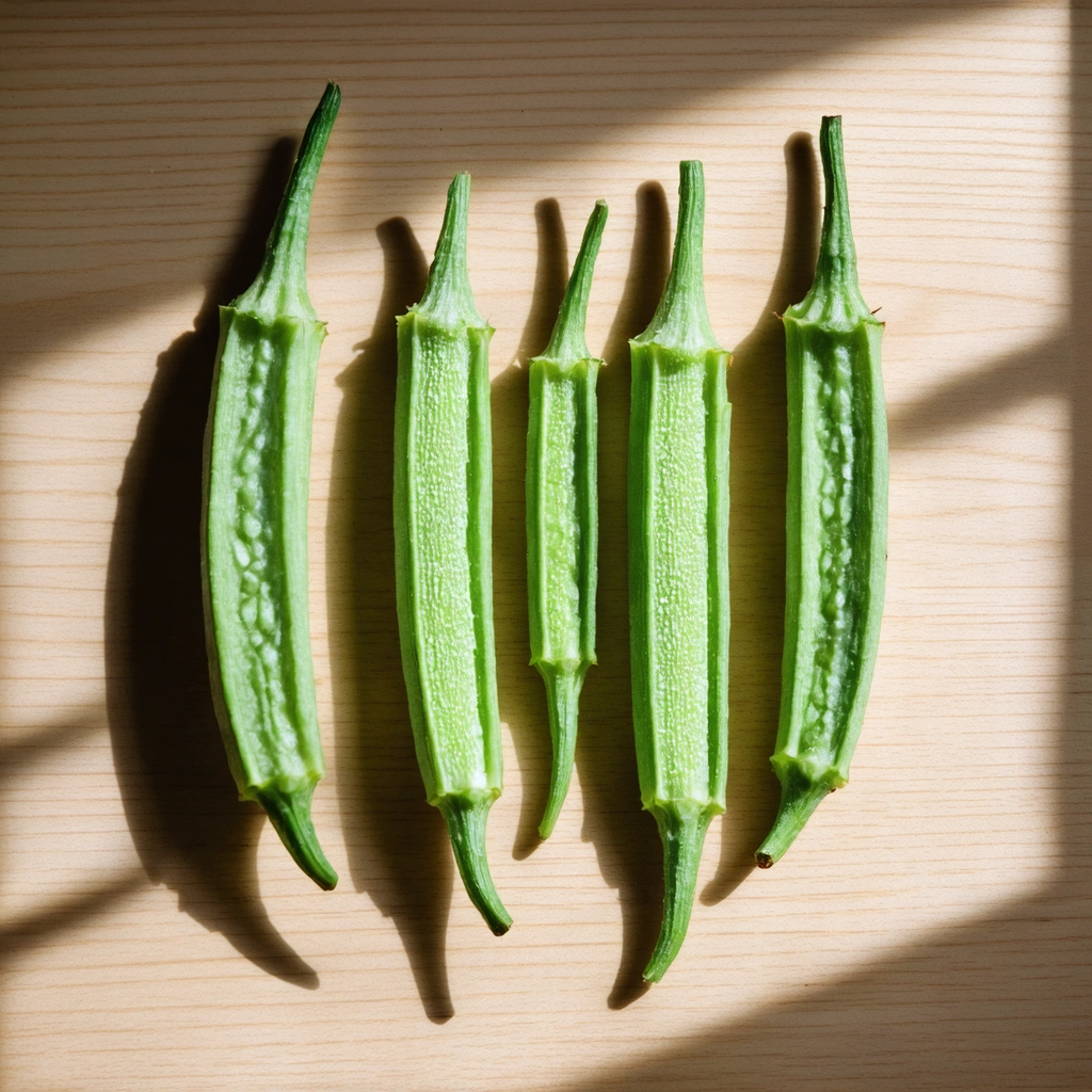 Des gombos verts posés sur une surface en bois avec une lumière douce, évoquant les aspects naturels et potentiellement problématiques de leur consommation.