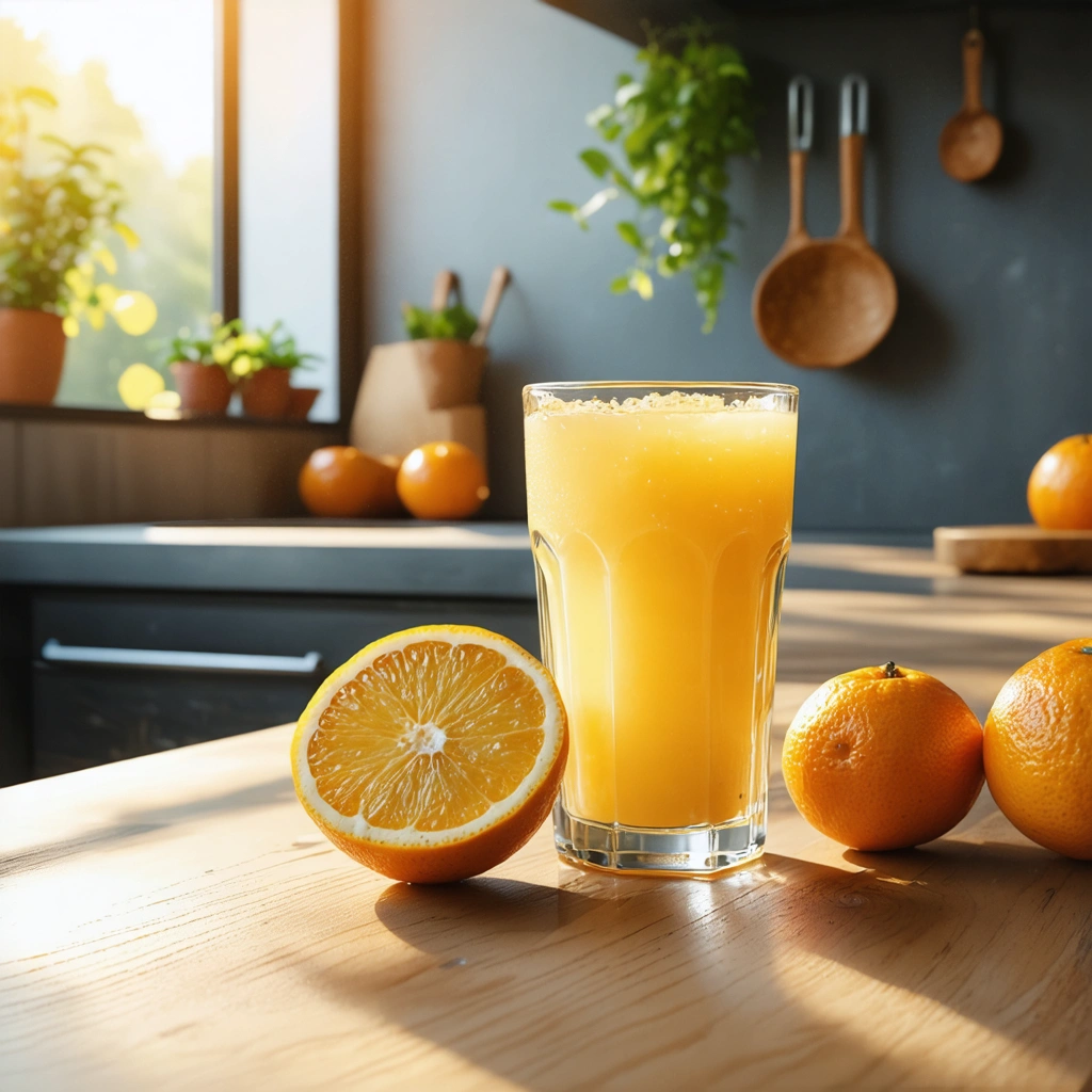Une orange fraîche posée sur un comptoir de cuisine avec un verre de jus d'orange à côté, en arrière-plan ensoleillé.