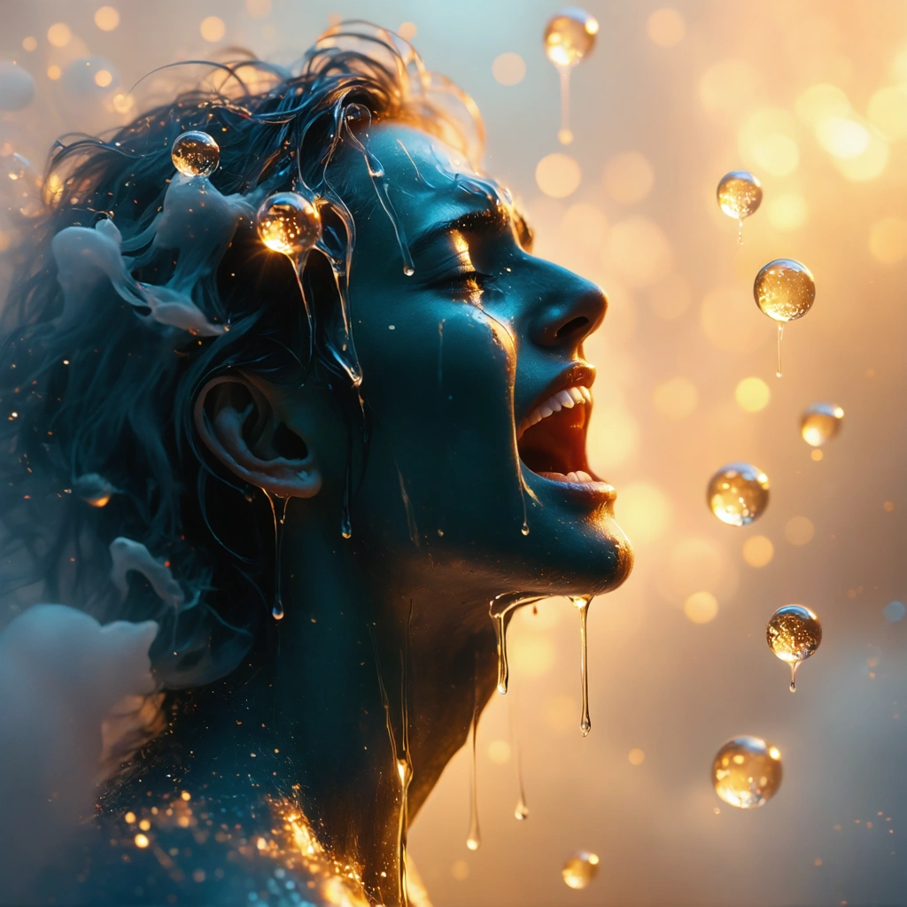 Illustration surréaliste d'une personne en train de pleurer, avec des larmes se transformant en orbes lumineuses flottant dans un fond aux tons chauds et abstraits.