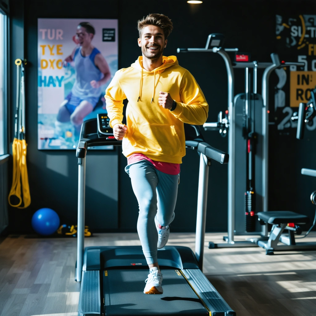 Une personne courant sur un tapis de course dans une salle de sport moderne, arborant une expression déterminée et joyeuse.