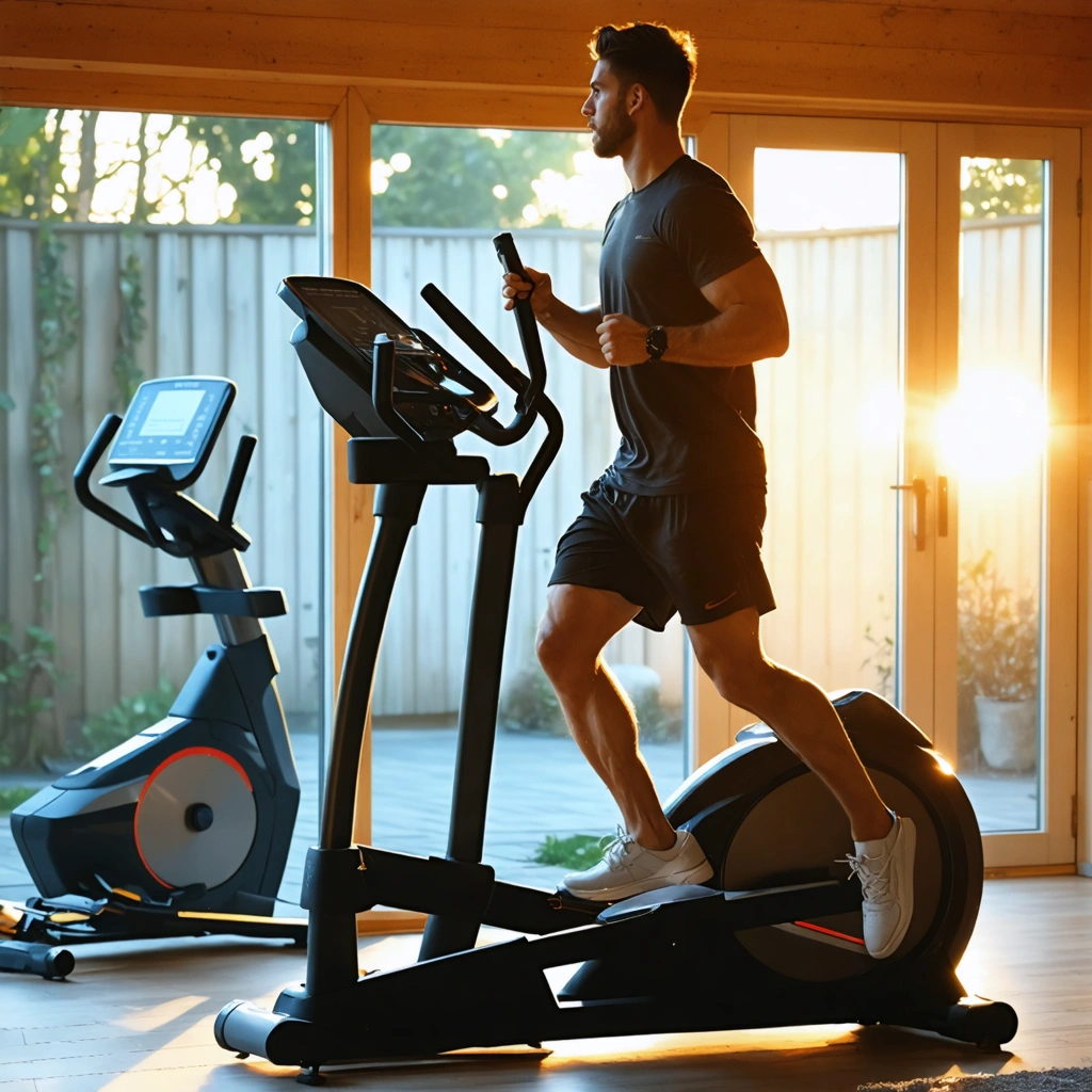 Personne pratiquant le vélo elliptique dans une salle de sport chaleureuse