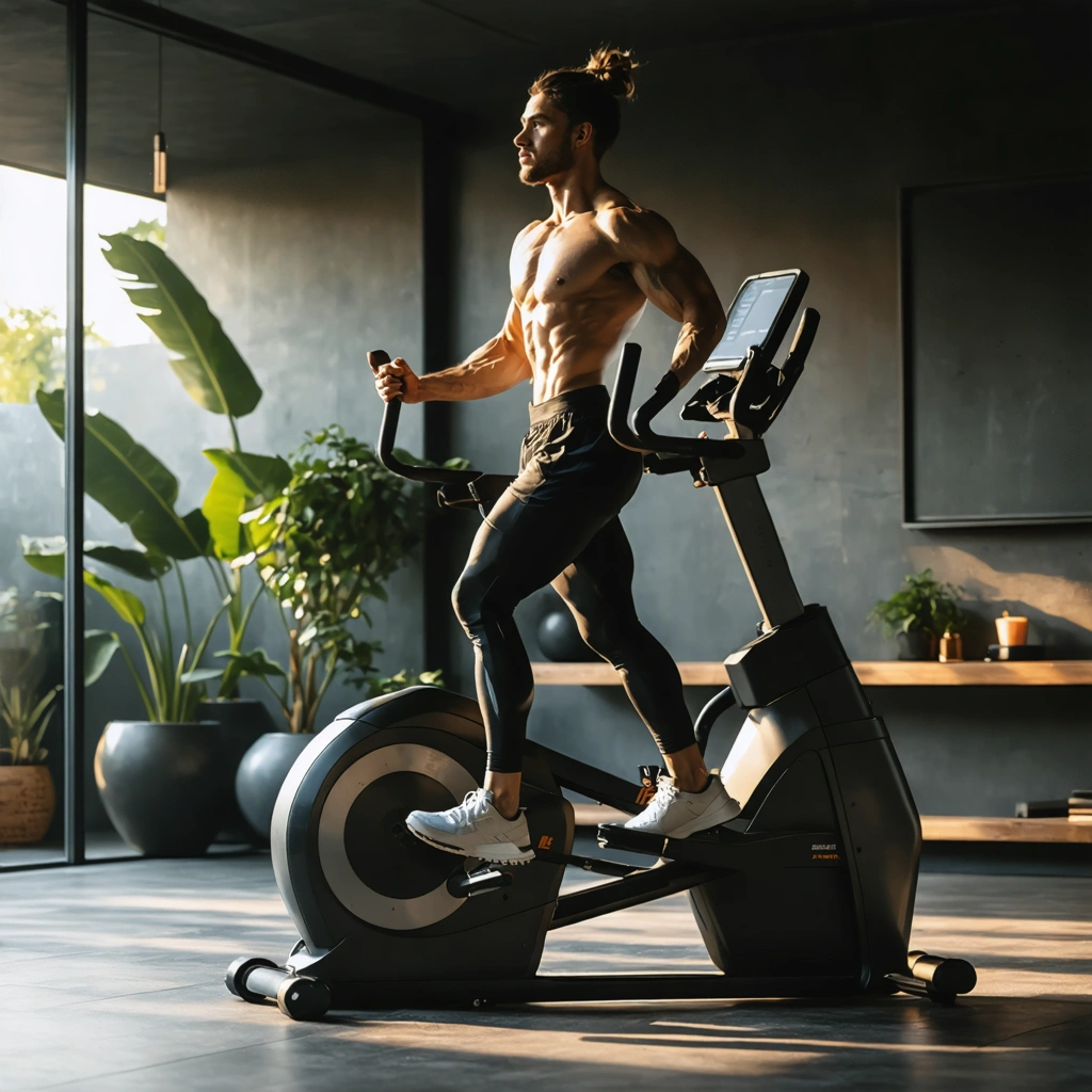 Une personne concentrée s'entraînant sur un vélo elliptique dans un cadre de gym moderne et chaleureux.