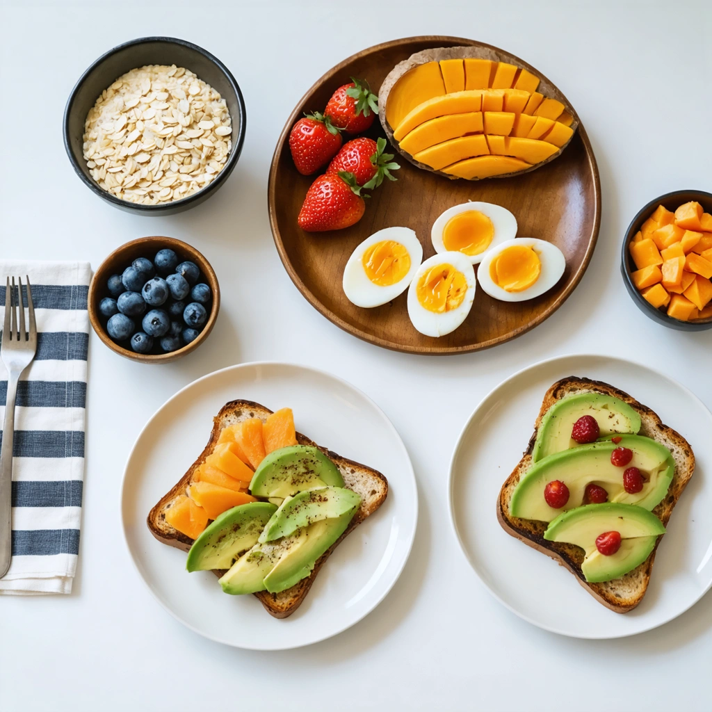 Un petit-déjeuner avec avoine, œufs, fruits frais et toast à la patate douce.