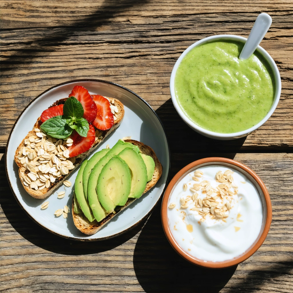 Un petit-déjeuner sain comprenant flocons d'avoine, smoothie bowl, tartine d'avocat et yaourt grec avec fruits frais