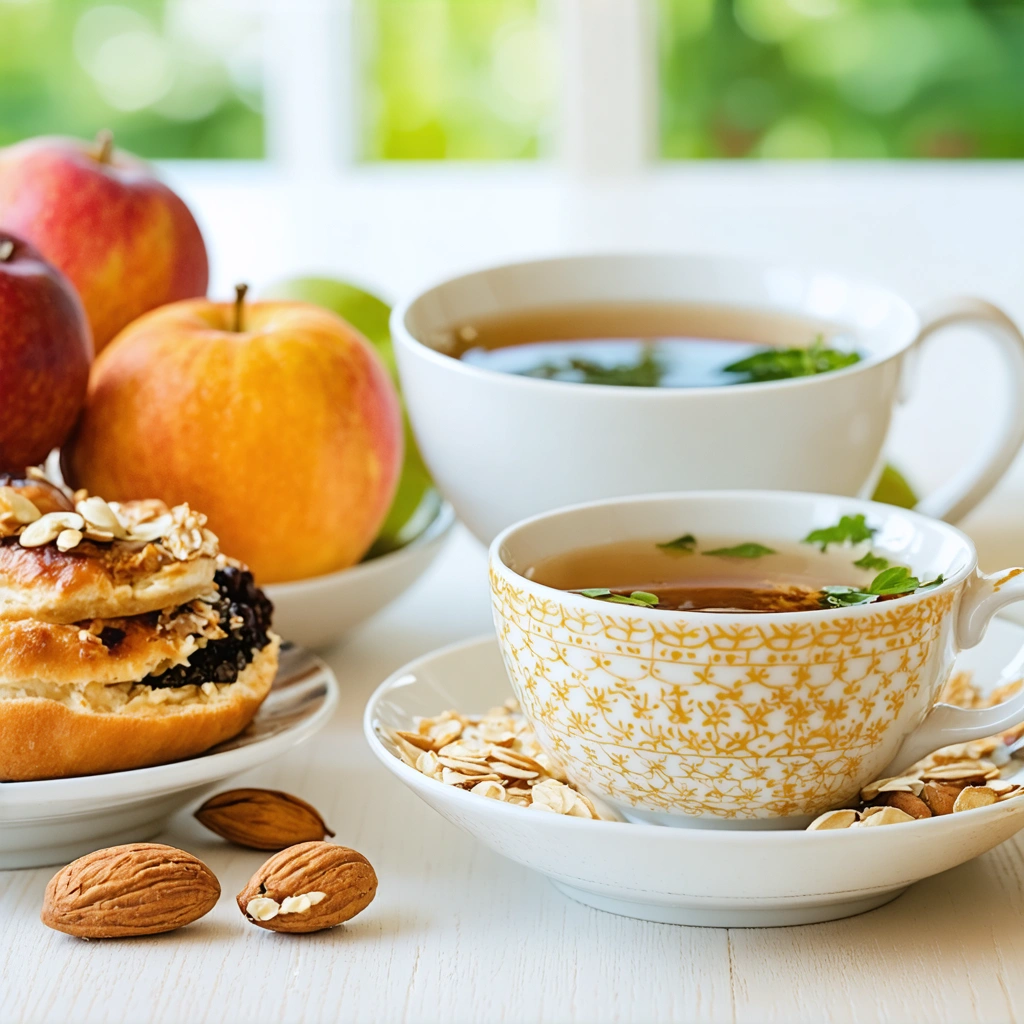 Un petit-déjeuner sain composé de flocons d'avoine, fruits frais, noix et une tasse de thé vert dans un cadre lumineux.