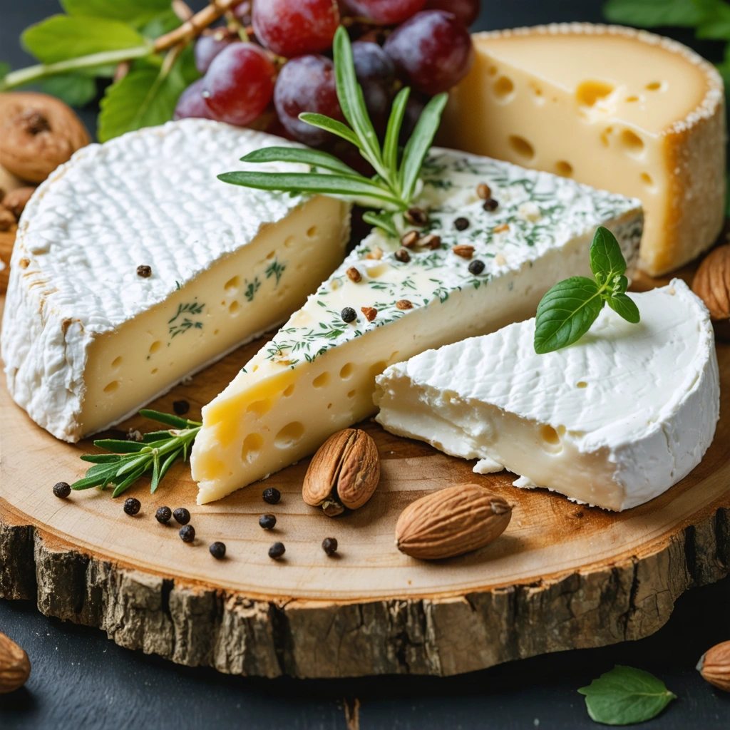 Une sélection de fromages légers, dont de la ricotta, du fromage de chèvre frais et du camembert allégé, sur une planche en bois avec des noix et des herbes.