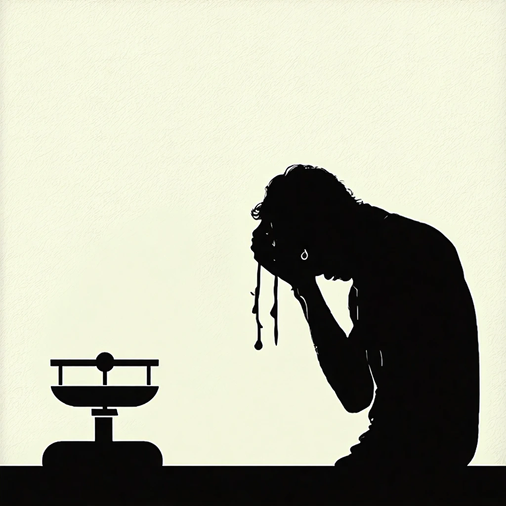 Personne pleurant à côté d'une balance dans un décor chaleureux