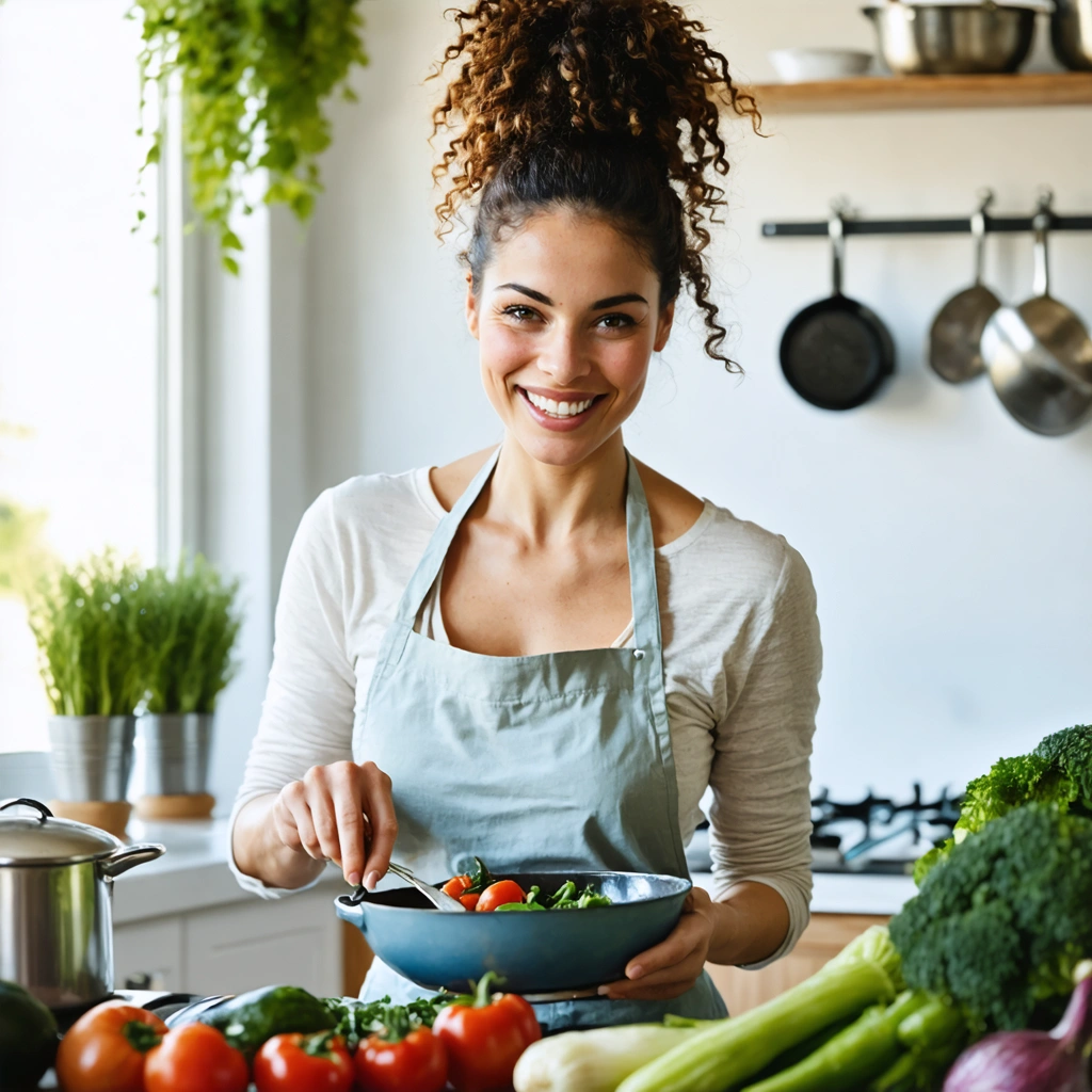 Une femme préparant un repas sain, souriante et confiante après une ablation de la thyroïde