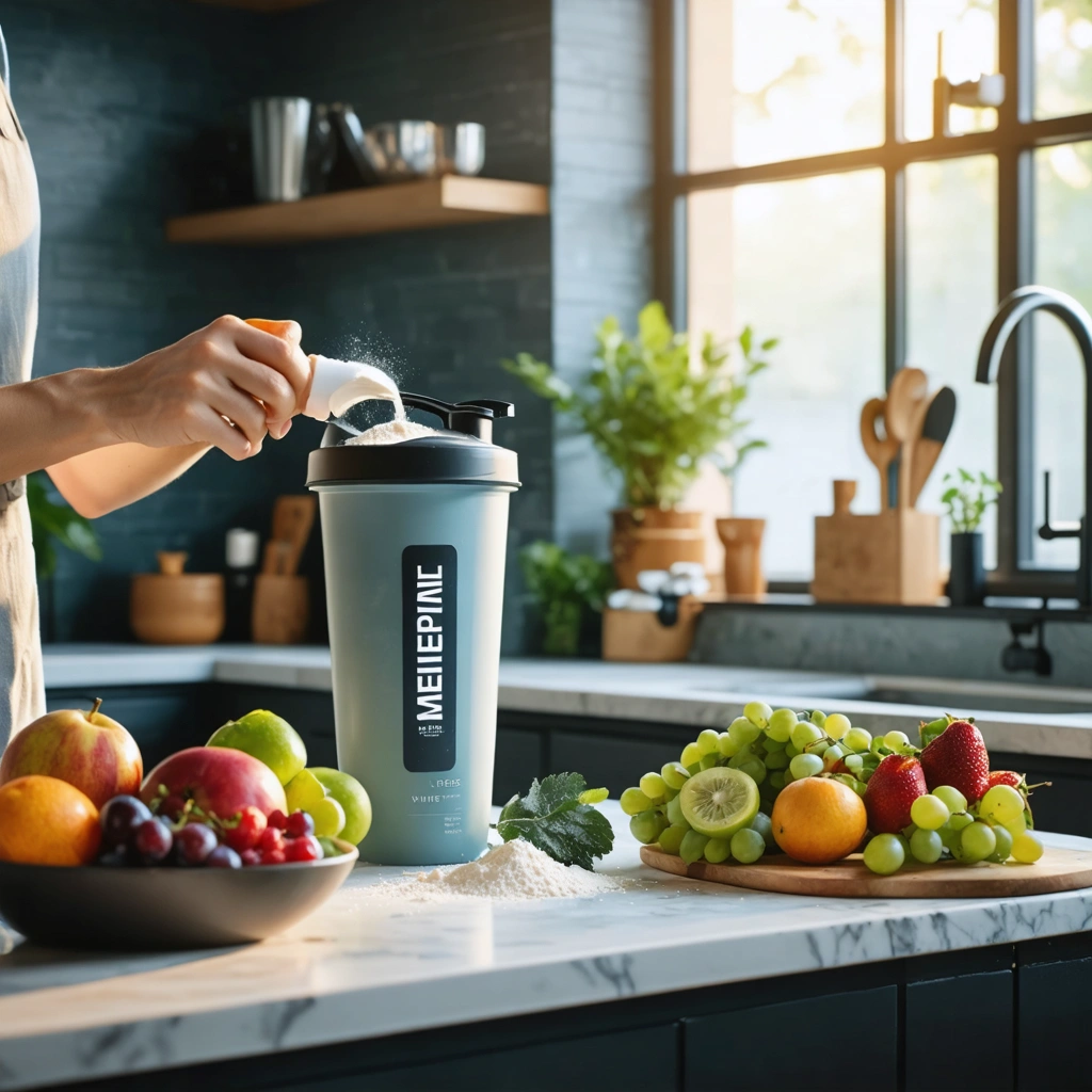 Une cuisine moderne avec un shaker, un pot de whey protéine et des fruits frais sur le comptoir.