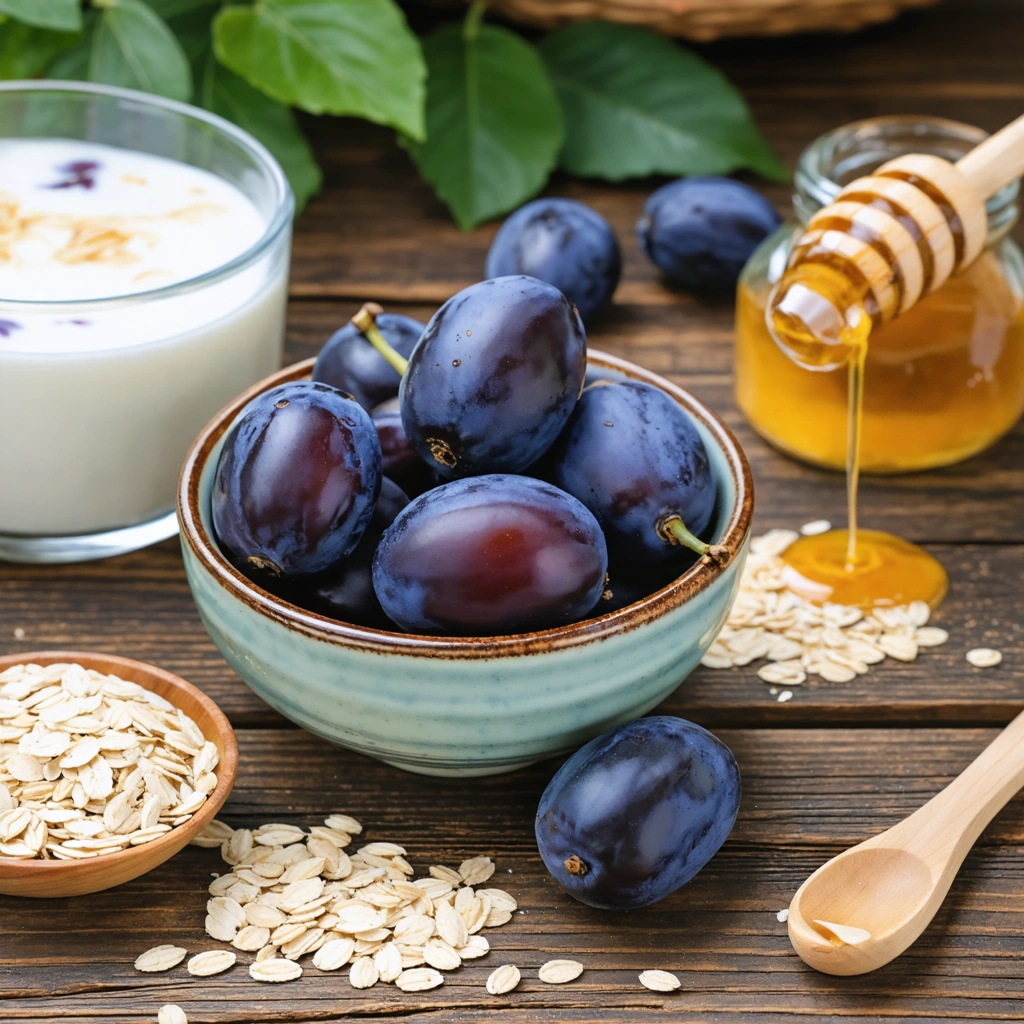 Un petit bol de pruneaux sur une table en bois accompagné d'un petit-déjeuner sain avec yaourt et avoine.