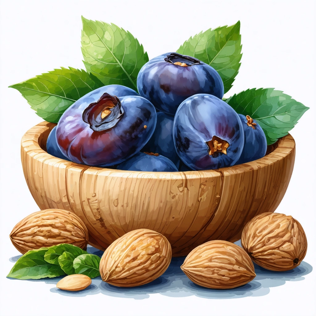 Une illustration artistique représentant un repas équilibré avec des pruneaux, des aliments riches en fibres comme des noix et des légumes verts, le tout disposé de manière harmonieuse.
