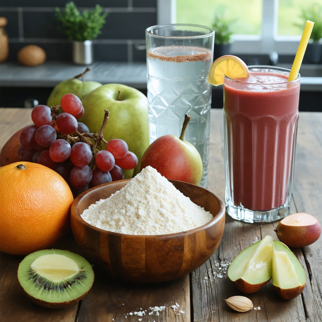 Un bol de psyllium en poudre entouré d'un verre d'eau, de fruits frais et d'un smoothie, sur une table rustique.
