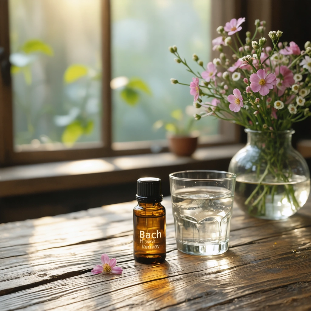 Un flacon de fleurs de Bach posé sur une table en bois avec un verre d'eau et des fleurs fraîches