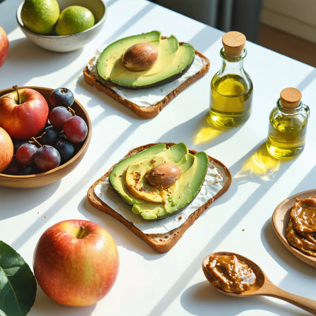 Table de petit-déjeuner saine avec des alternatives au beurre comme avocat, purée d'amandes et huile d'olive.